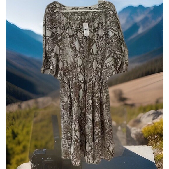 NWT Loft Neutral Boho Reptile Snake Print Drawstring Ruched Peasant Dress-size M - Picture 2 of 8